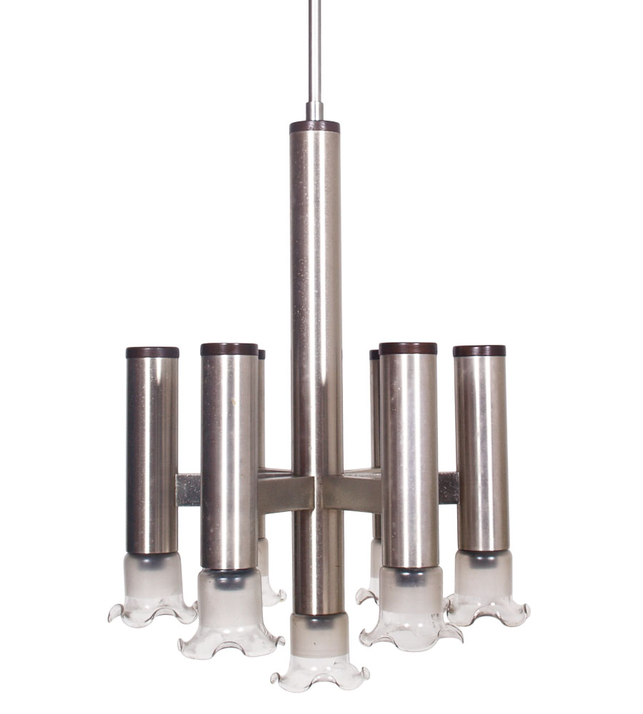 Lampadario vintage a 7 luci design anni '70 acciaio legno e ...