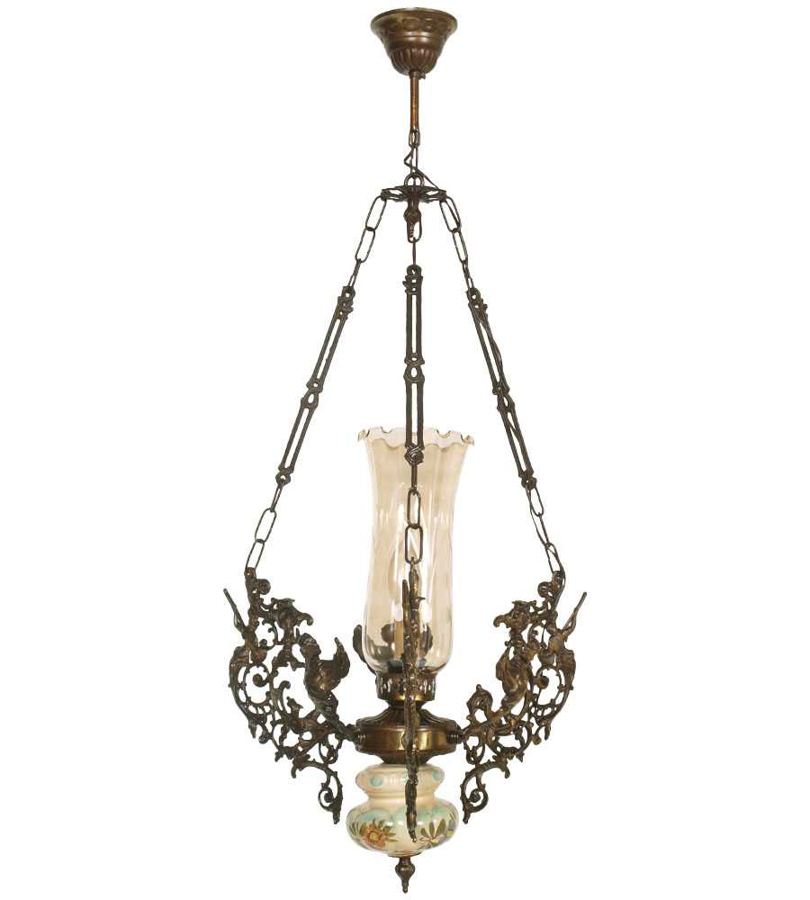 Lampadario vintage liberty anni '50 ottone angeli e ceramica ...